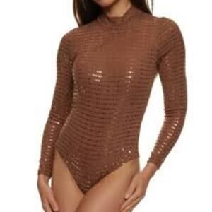 NWT Iris Knit Sequin Long Sleeve Mock Neck Bodysuit Mocha Heat Womens Size Large